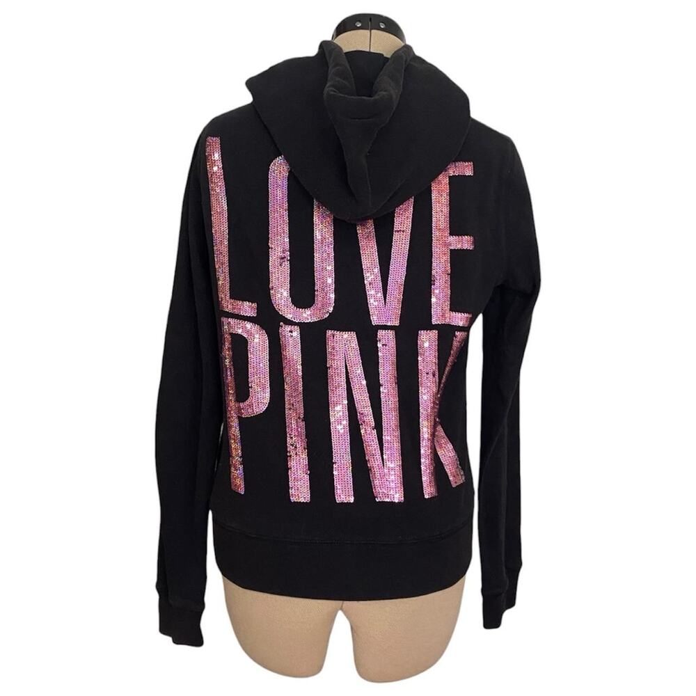 Victoria's Secret PINK black hoodie with pink sequin 'LOVE PINK' text, size S